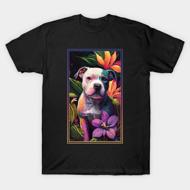 American Staffordshire Terrier Pitbull Vibrant Tropical Flower Tall Digital Oil Painting Portrait T-Shirt by ArtHouseFlunky